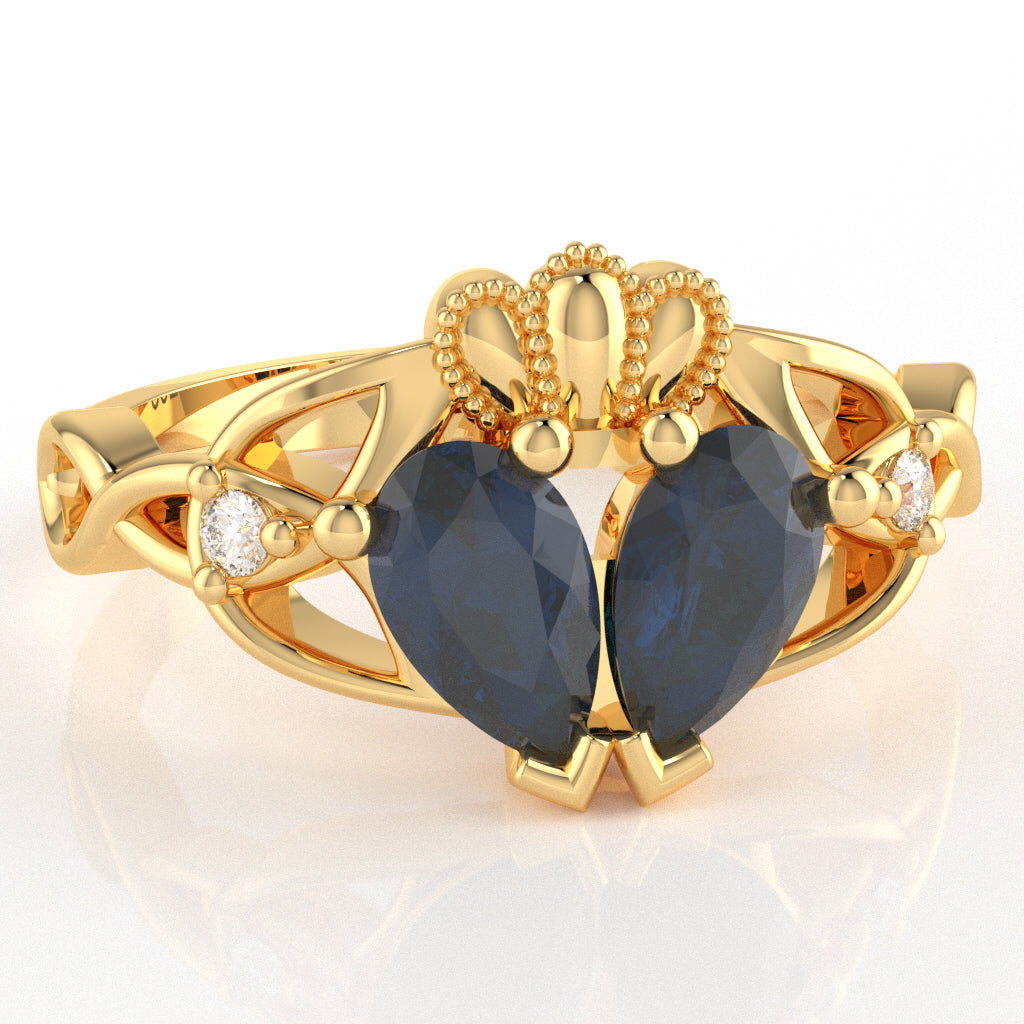 Sapphire Diamond Celtic Knot Heart Claddagh Ring In 10k Yellow Gold