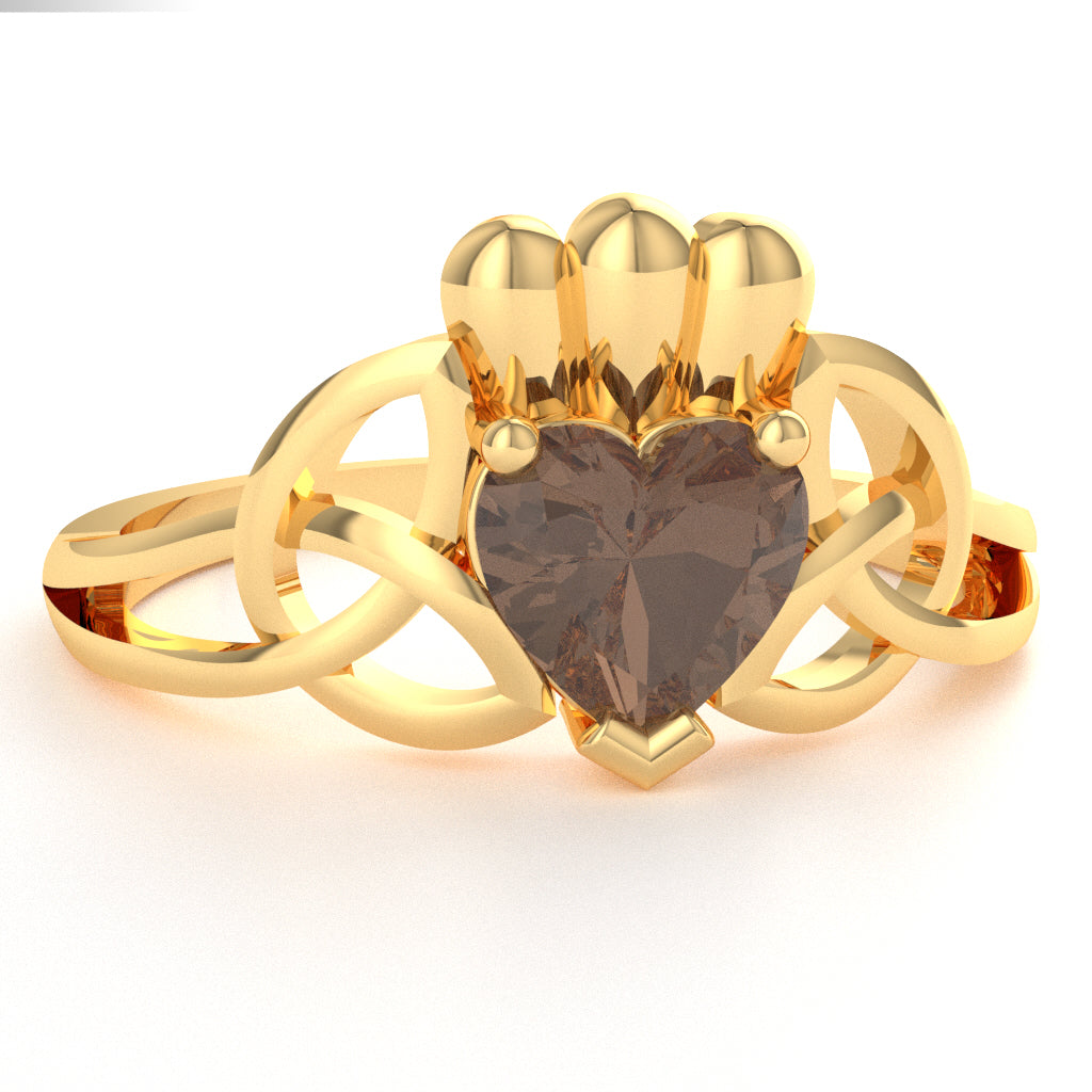 Celtic Trinity Knot Claddagh Smoky Quartz Engagement Ring In 14k Yellow Gold