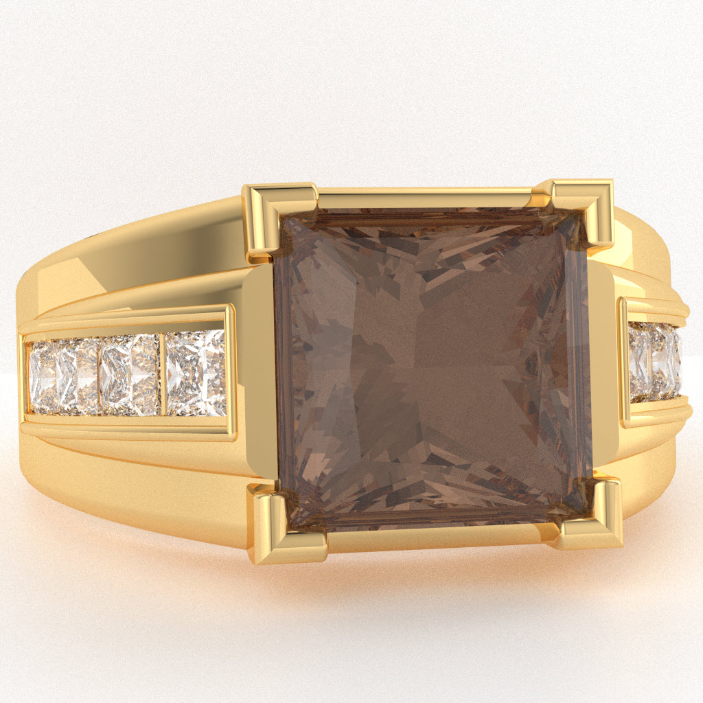 Men's Big Daddy Smoky Quartz Lab-Grown Diamond Channel Ring In Solid 14k Yellow Gold
