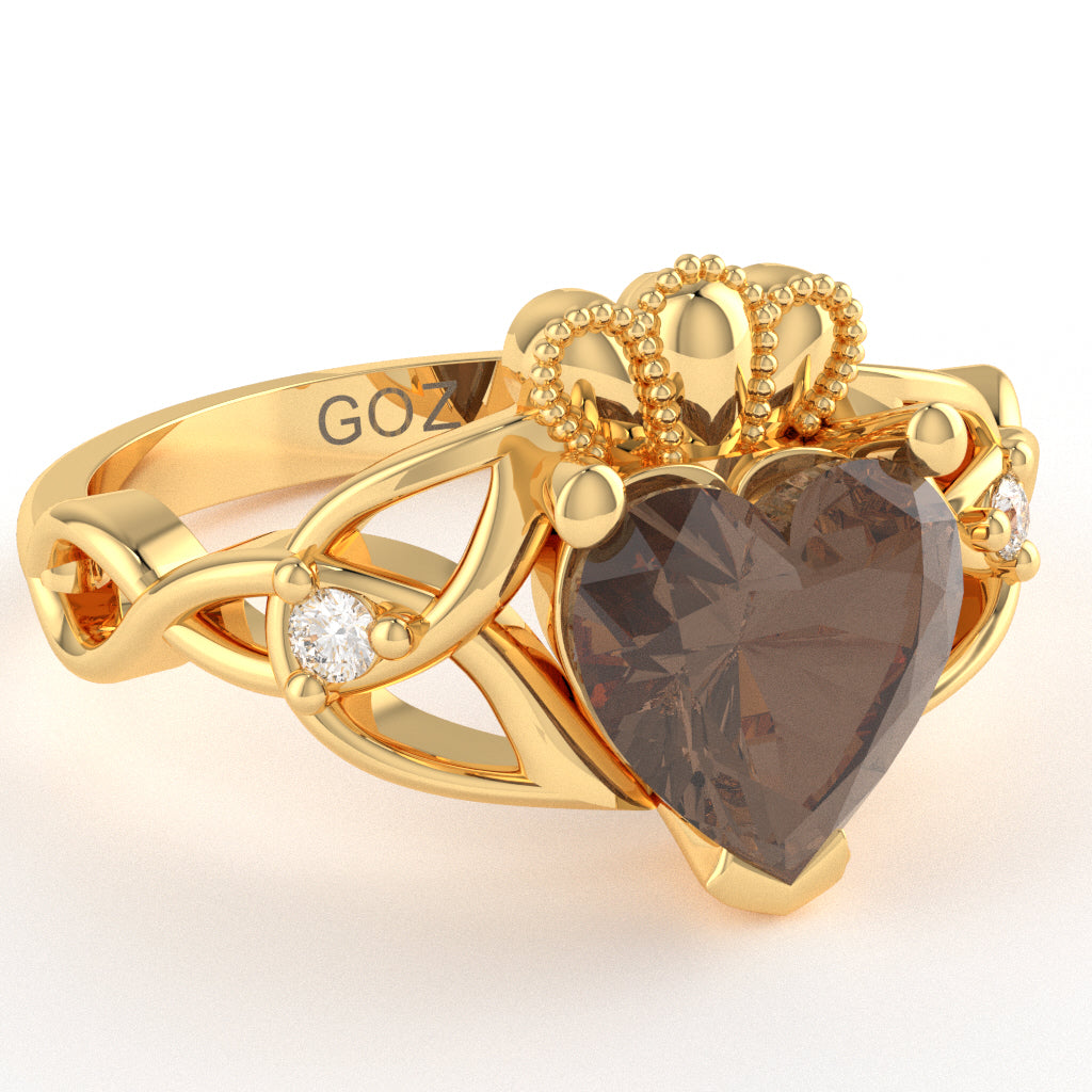 Celtic Trinity Knot Claddagh Heart Smoky Quartz Diamond Ring In 14k Yellow Gold