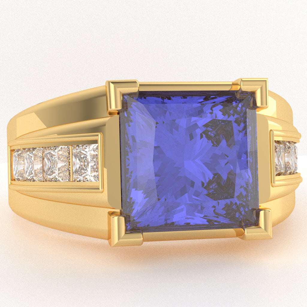 Men's Big Daddy Tanzanite Lab-Grown Diamond Channel Ring In Solid 14k Yellow Gold