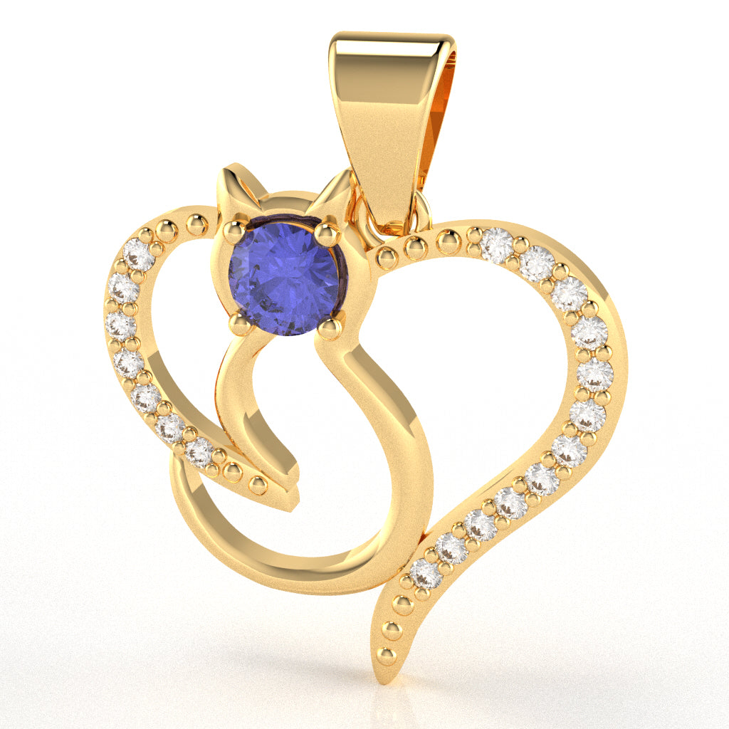 Tanzanite Diamond Cat Love Heart Pendant In 14k Yellow Gold