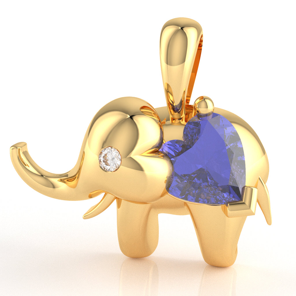 Tanzanite Diamond Elephant Heart Birthstone Pendant In 14k Yellow Gold