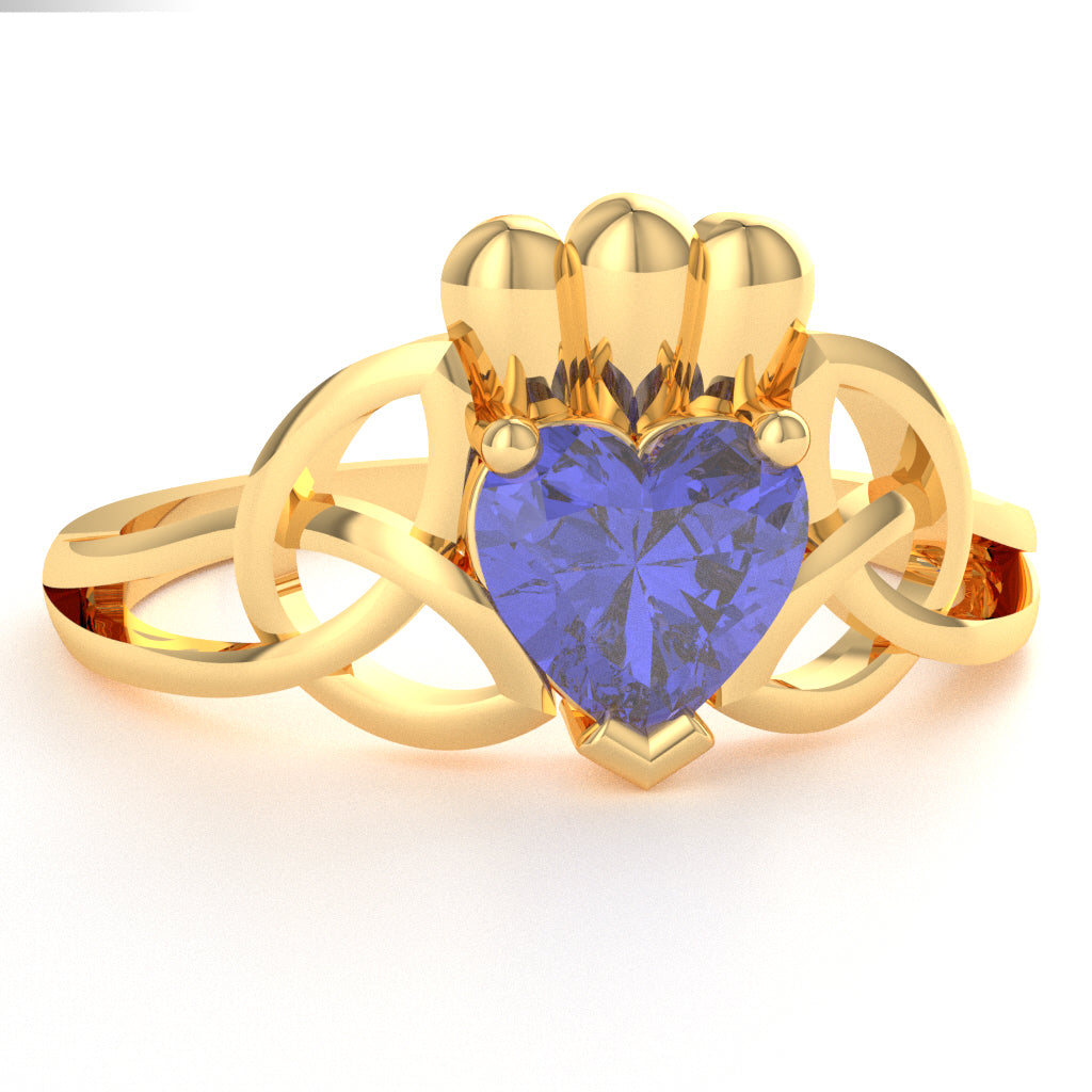 Celtic Trinity Knot Claddagh Tanzanite Engagement Ring In 14k Yellow Gold