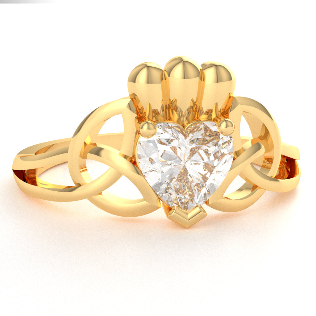 Celtic Trinity Knot Claddagh White Topaz Engagement Ring In 14k Yellow Gold