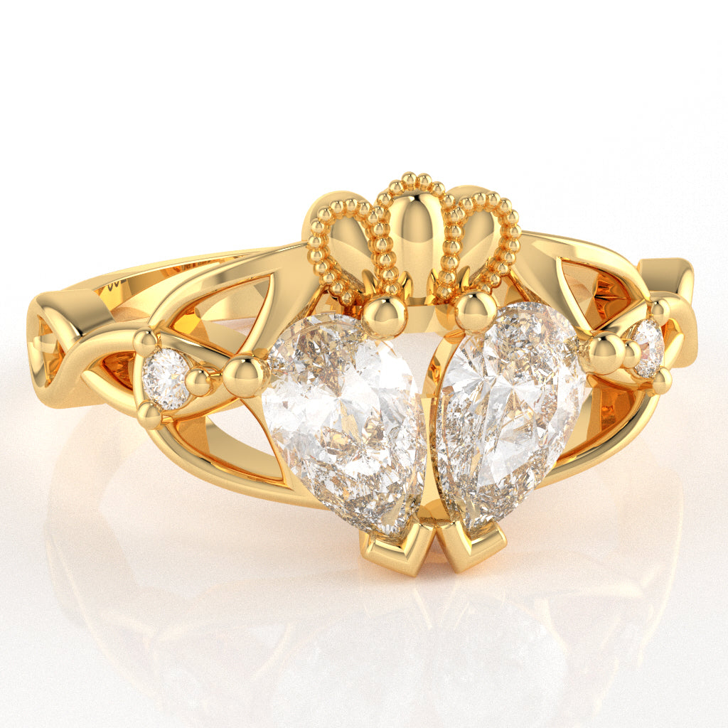 White Topaz Diamond Celtic Knot Heart Claddagh Ring In 10k Yellow Gold