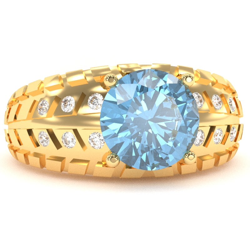 Men's Tire Tread Blue Topaz Diamond Ring In Solid 14k Yellow Gold