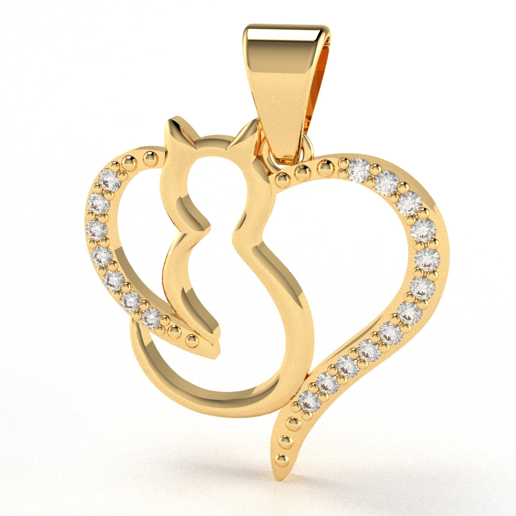 Cat Love Heart Diamond Pendant In 10k Yellow Gold