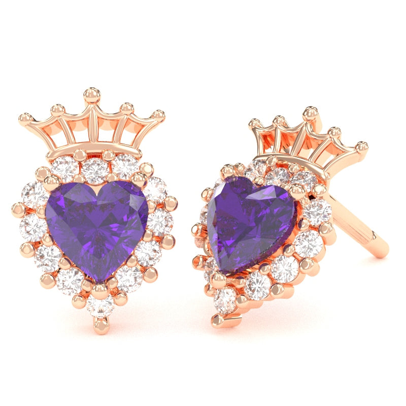 Amethyst Diamond Claddagh Motive Stud Earrings in 14k Rose Gold