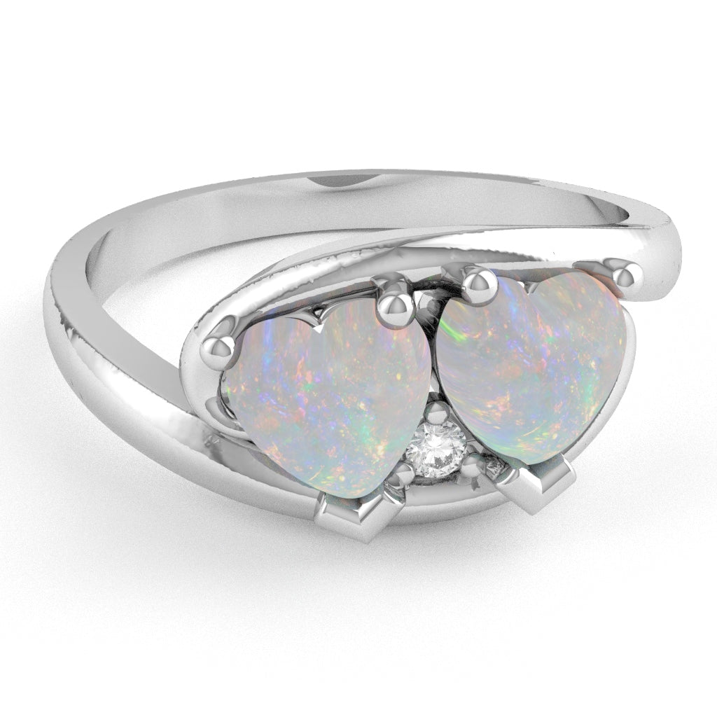 2 Hearts In Love Opal Diamond Promise Ring In 14k White Gold