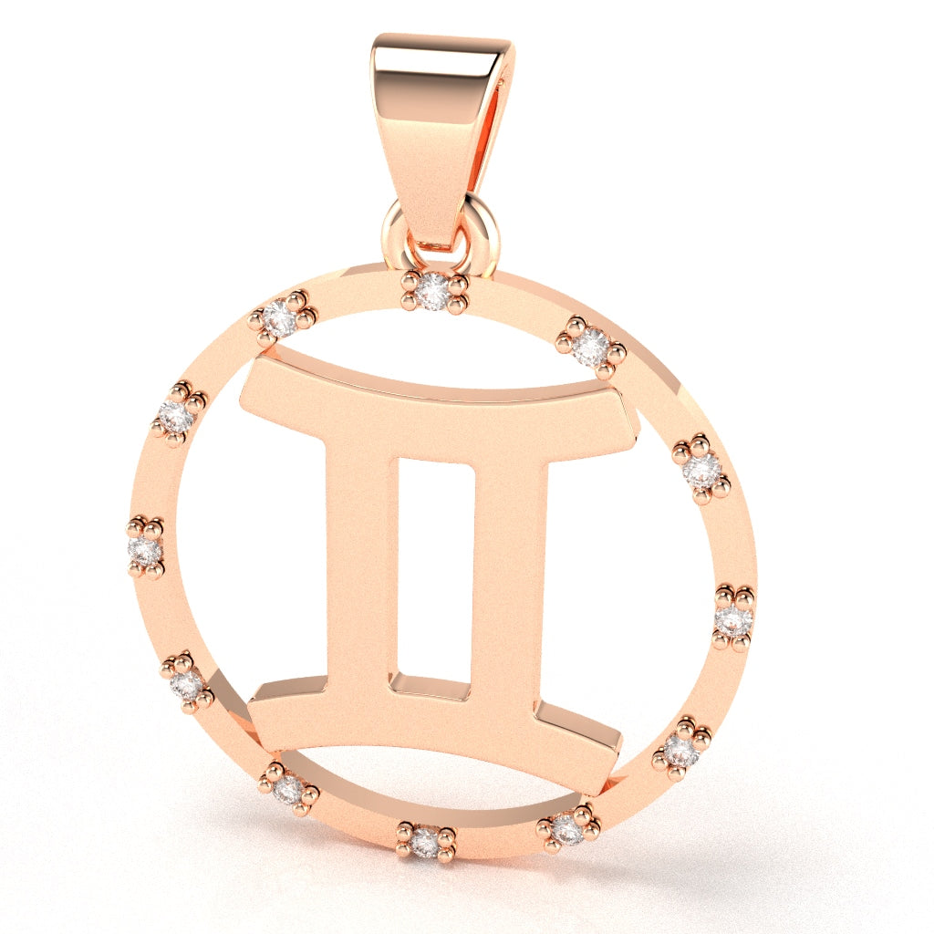 Gemini Zodiac Sign Diamond Bezel Pendant In Solid 14K Rose Gold
