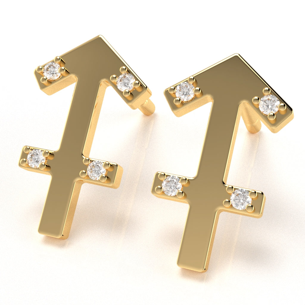 Sagittarius Zodiac Sign Diamond Stud Earrings In Solid 14k Yellow Gold