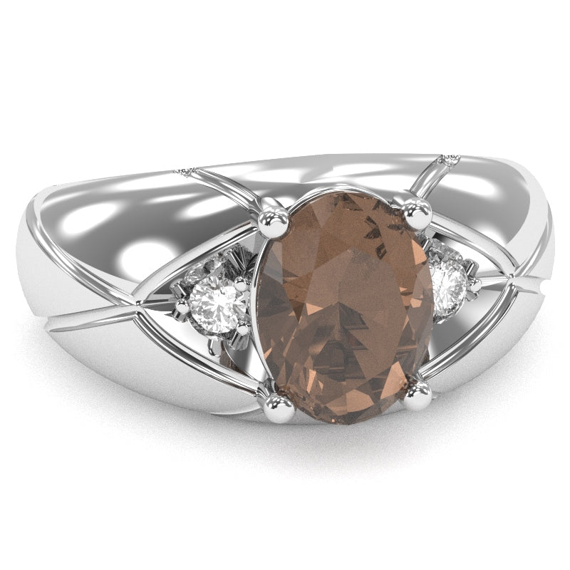 Men's Designer Smoky Quartz Diamond Ring In Solid 14k White Gold