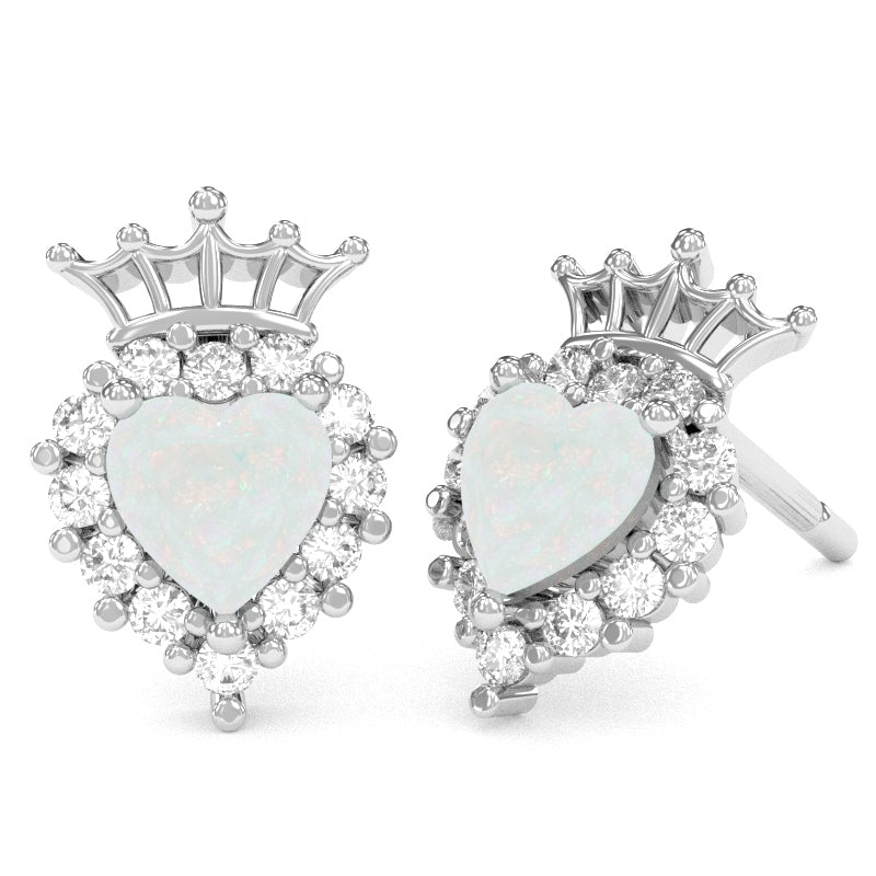 Opal Diamond Claddagh Motive Stud Earrings in 14k White Gold