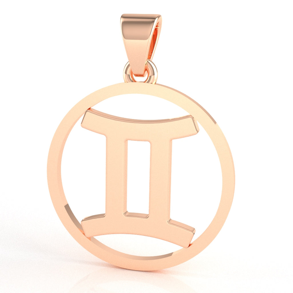 Gemini Zodiac Sign Round Bezel Pendant In Solid 10K Rose Gold
