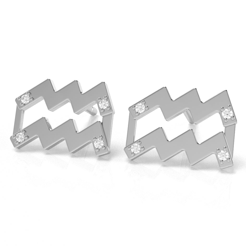 Aquarius Zodiac Sign Diamond Stud Earrings In Solid 14k White Gold