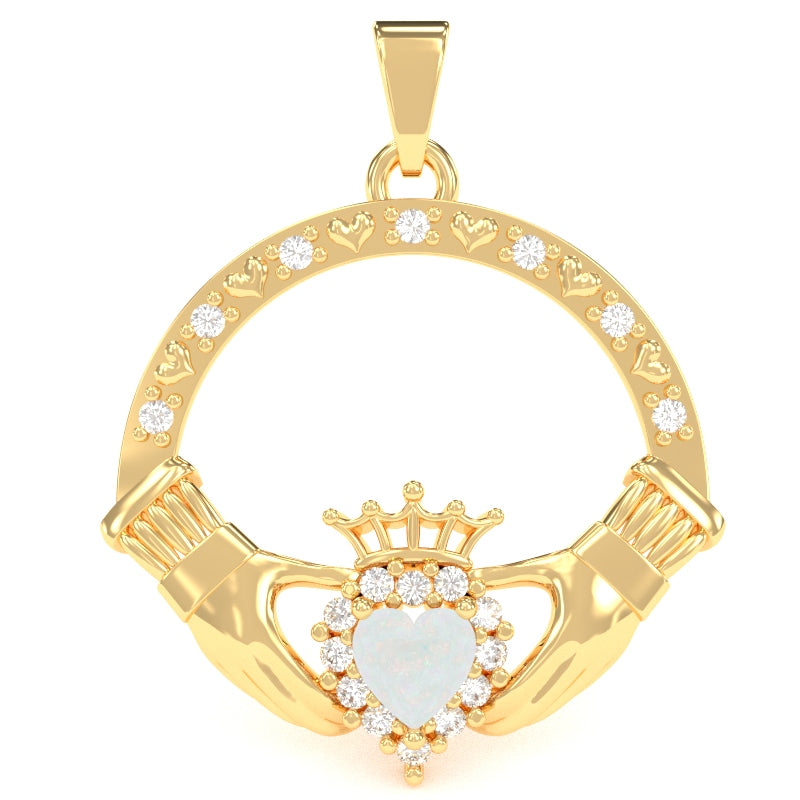 Opal Diamond Claddagh Pendant in 14k Yellow Gold
