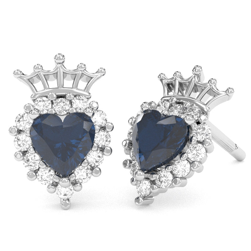 Lab-Created Sapphire Diamond Claddagh Motive Stud Earrings in 14k White Gold