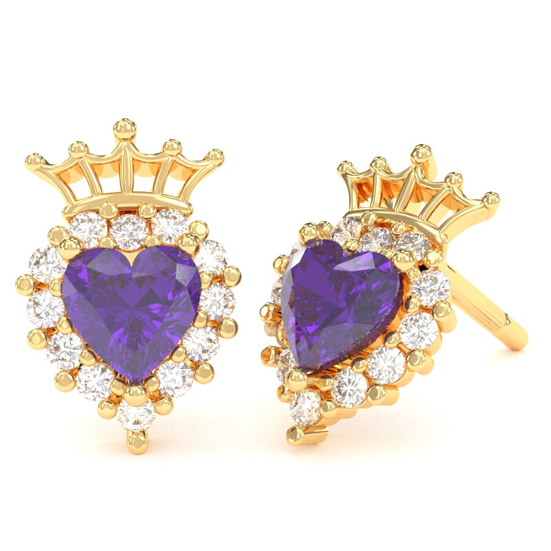 Amethyst Diamond Claddagh Motive Stud Earrings in 14k Yellow Gold