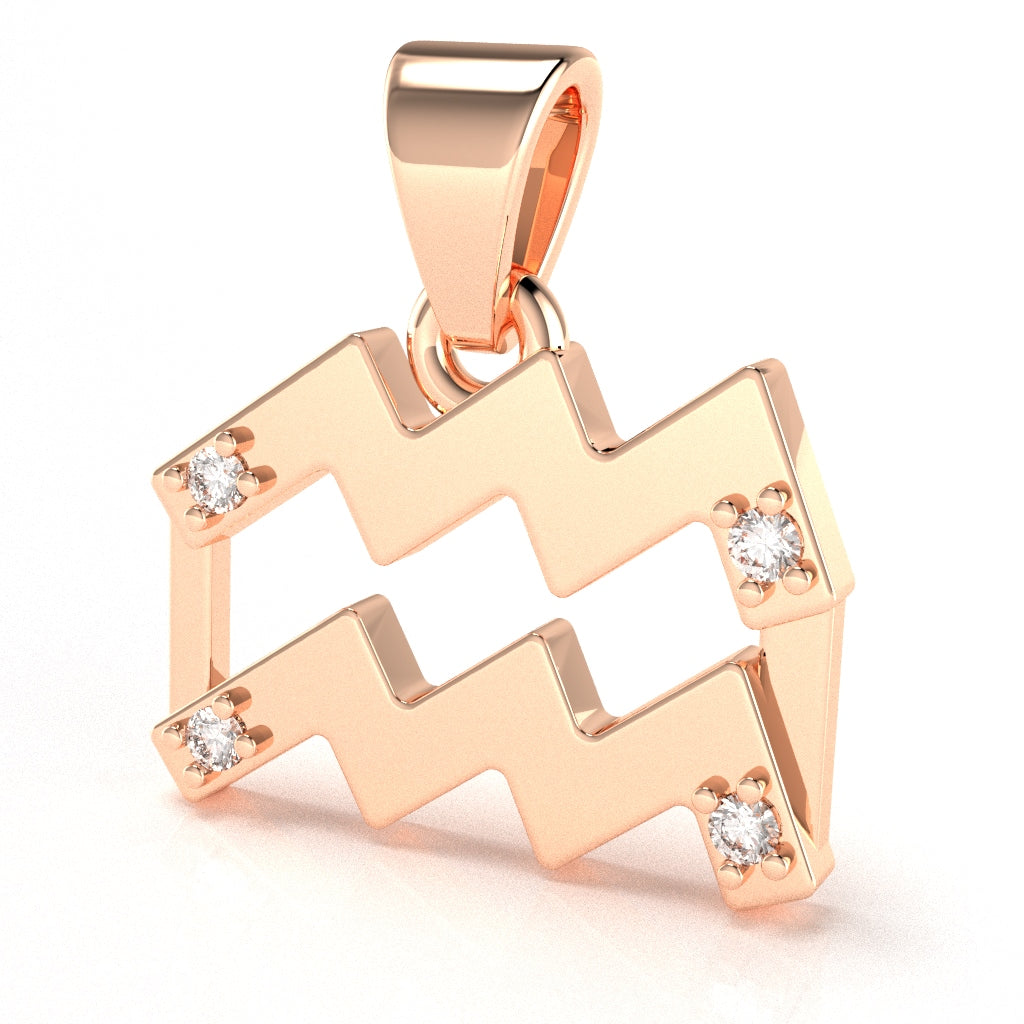 Aquarius Zodiac Sign Diamond Pendant In Solid 10K Rose Gold