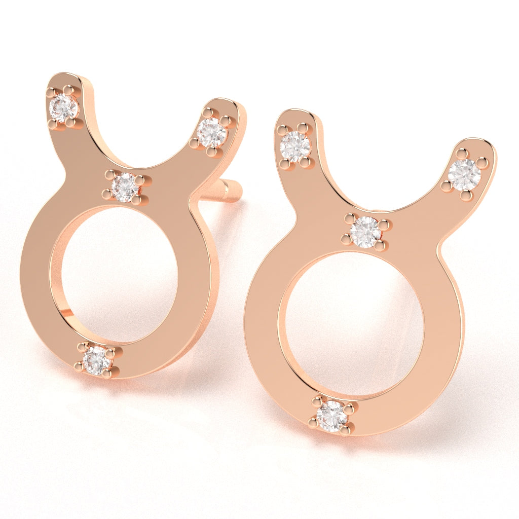 Taurus Zodiac Sign Diamond Stud Earrings In Solid 10K Rose Gold