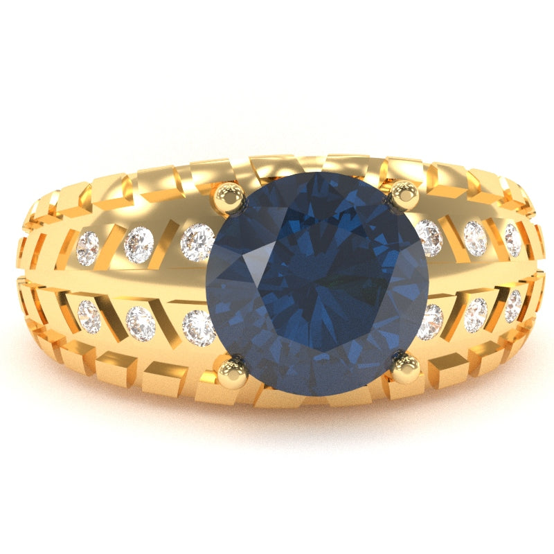 Men's Tire Tread Lab-Created Sapphire Diamond Ring In Solid 14k Yellow Gold