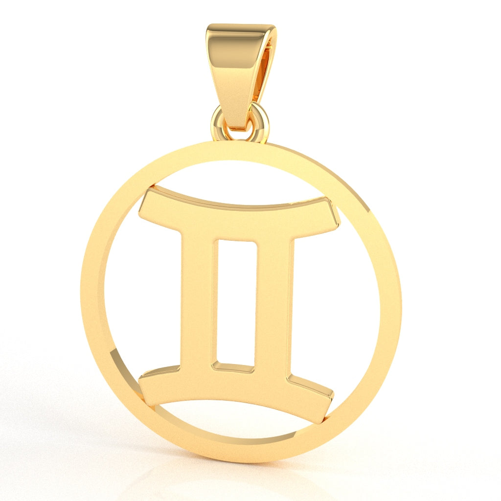 Gemini Zodiac Sign Round Bezel Pendant In Solid 10K Yellow Gold