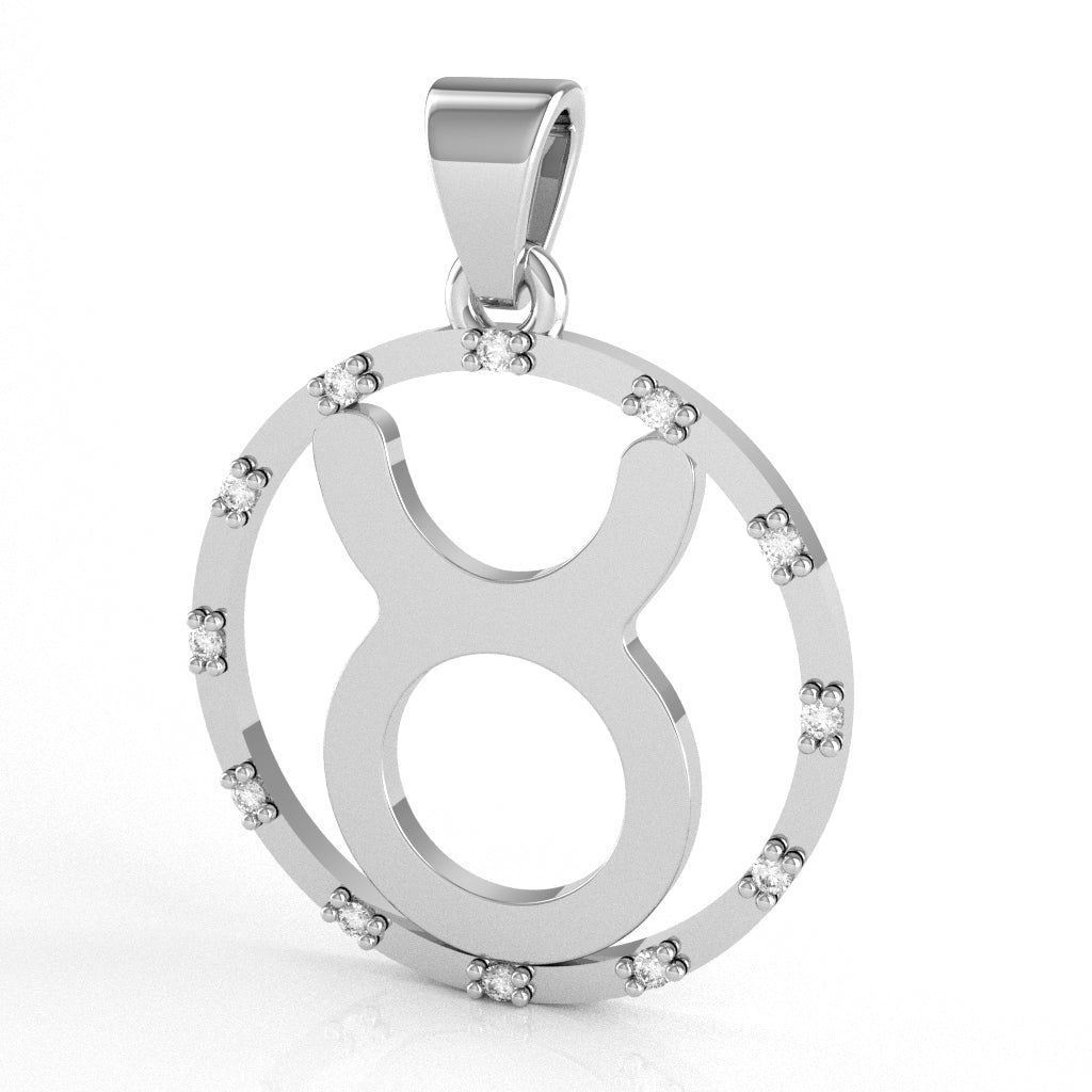 Taurus Zodiac Sign Diamond Bezel Pendant In Solid 14K White Gold