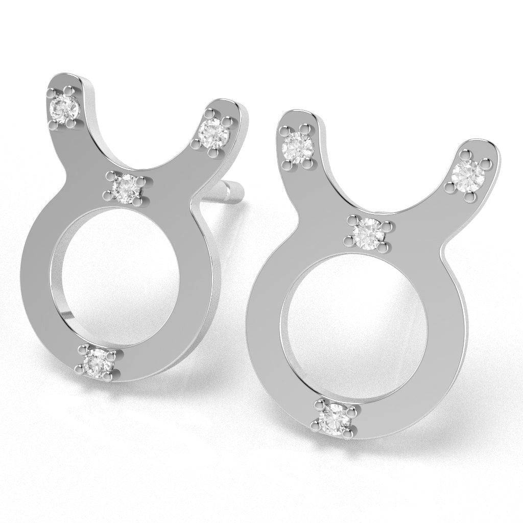 Taurus Zodiac Sign Diamond Stud Earrings In Solid 14k White Gold