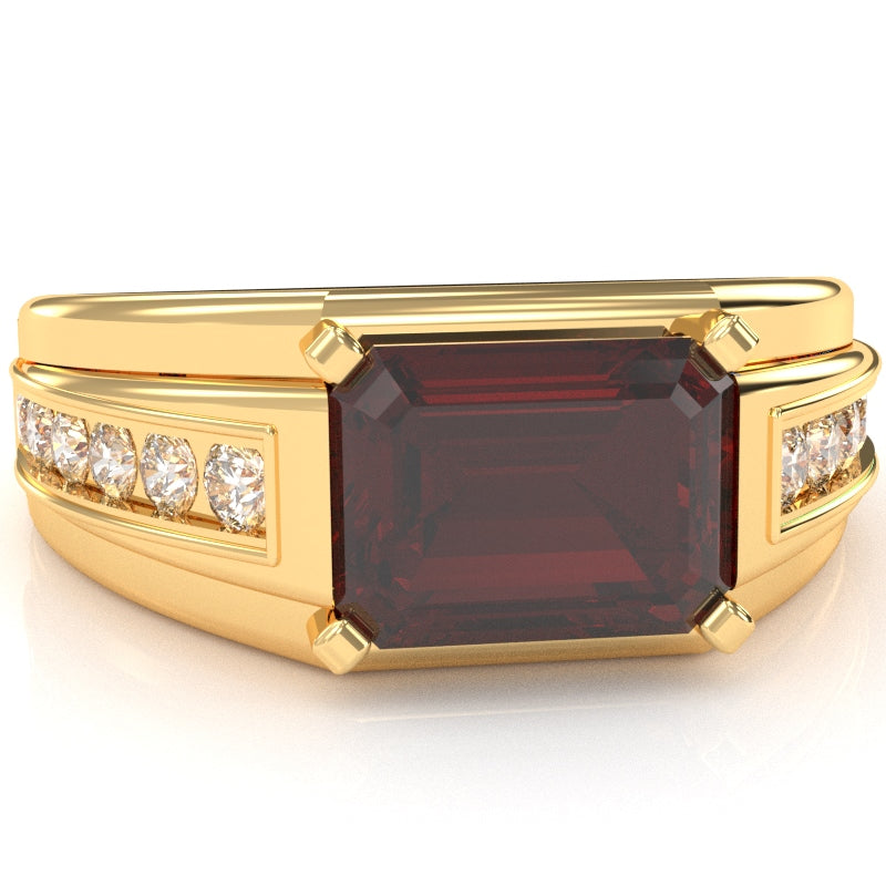 Men's Garnet Diamond Channel Ring In Solid 10k Yellow Gold