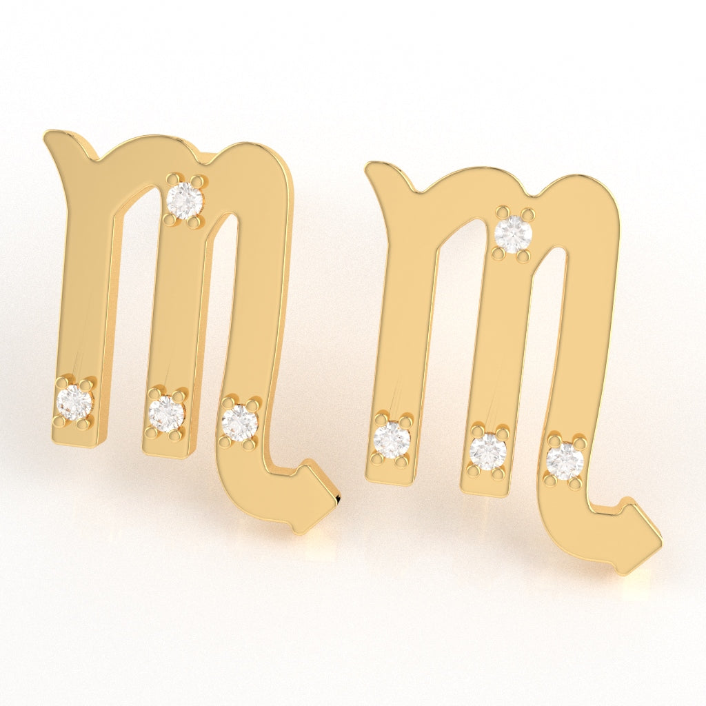 Scorpio Zodiac Sign Diamond Stud Earrings In Solid 10K Yellow Gold