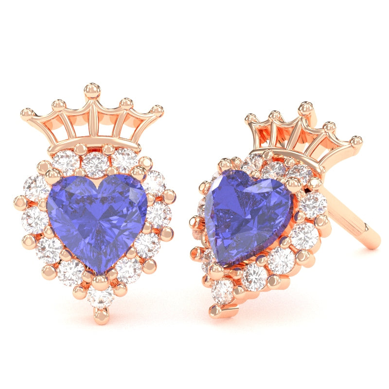 Tanzanite Diamond Claddagh Motive Stud Earrings in 14k Rose Gold