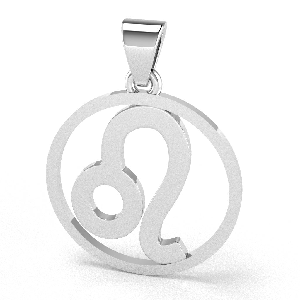 Leo Zodiac Sign Round Bezel Pendant In Solid 14K White Gold