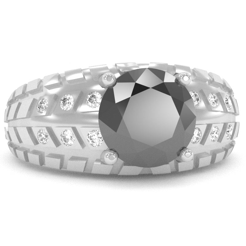 Men's Tire Tread Black Onyx Diamond Ring In Solid 14k White Gold