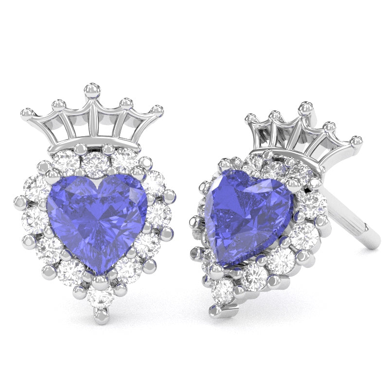 Tanzanite Diamond Claddagh Motive Stud Earrings in 14k White Gold