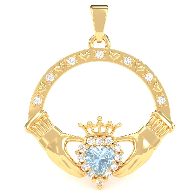 Aquamarine Diamond Claddagh Pendant in 14k Yellow Gold