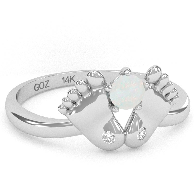 Baby Feet Opal Diamond Ring In 14k White Gold