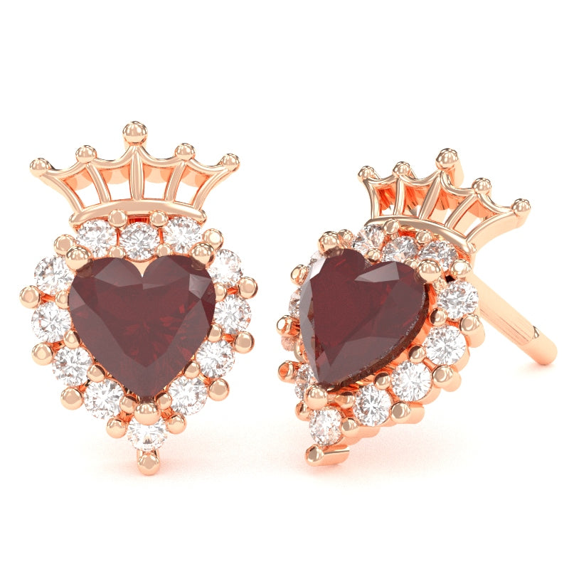 Ruby Diamond Claddagh Motive Stud Earrings in 14k Rose Gold