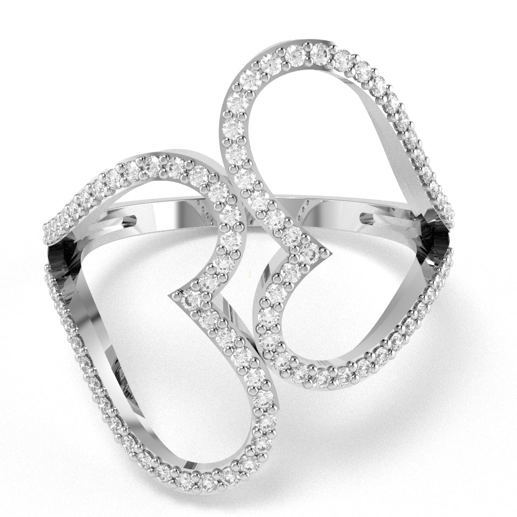 2 Hearts Designer Diamond Cocktail Ring In 14k White Gold