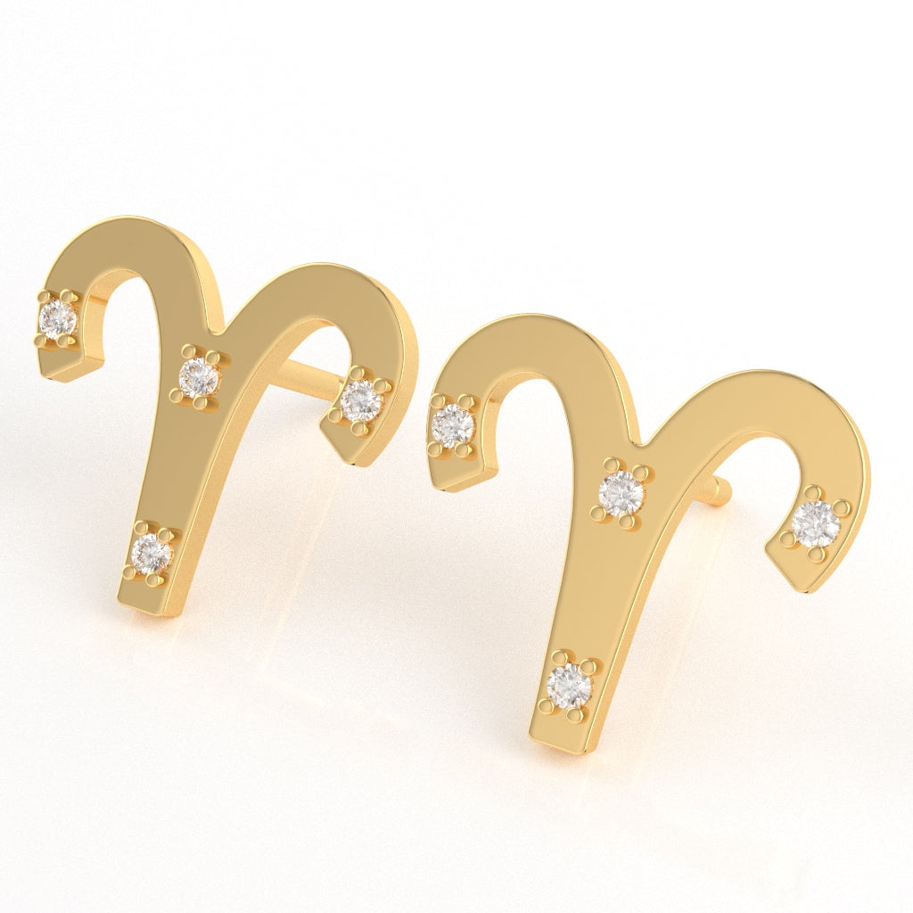 Aries Zodiac Sign Diamond Stud Earrings In Solid 14k Yellow Gold