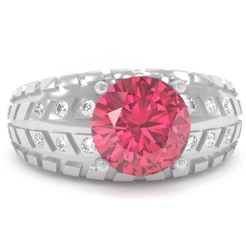Men's Tire Tread Pink Tourmaline Diamond Ring In Solid 14k White Gold