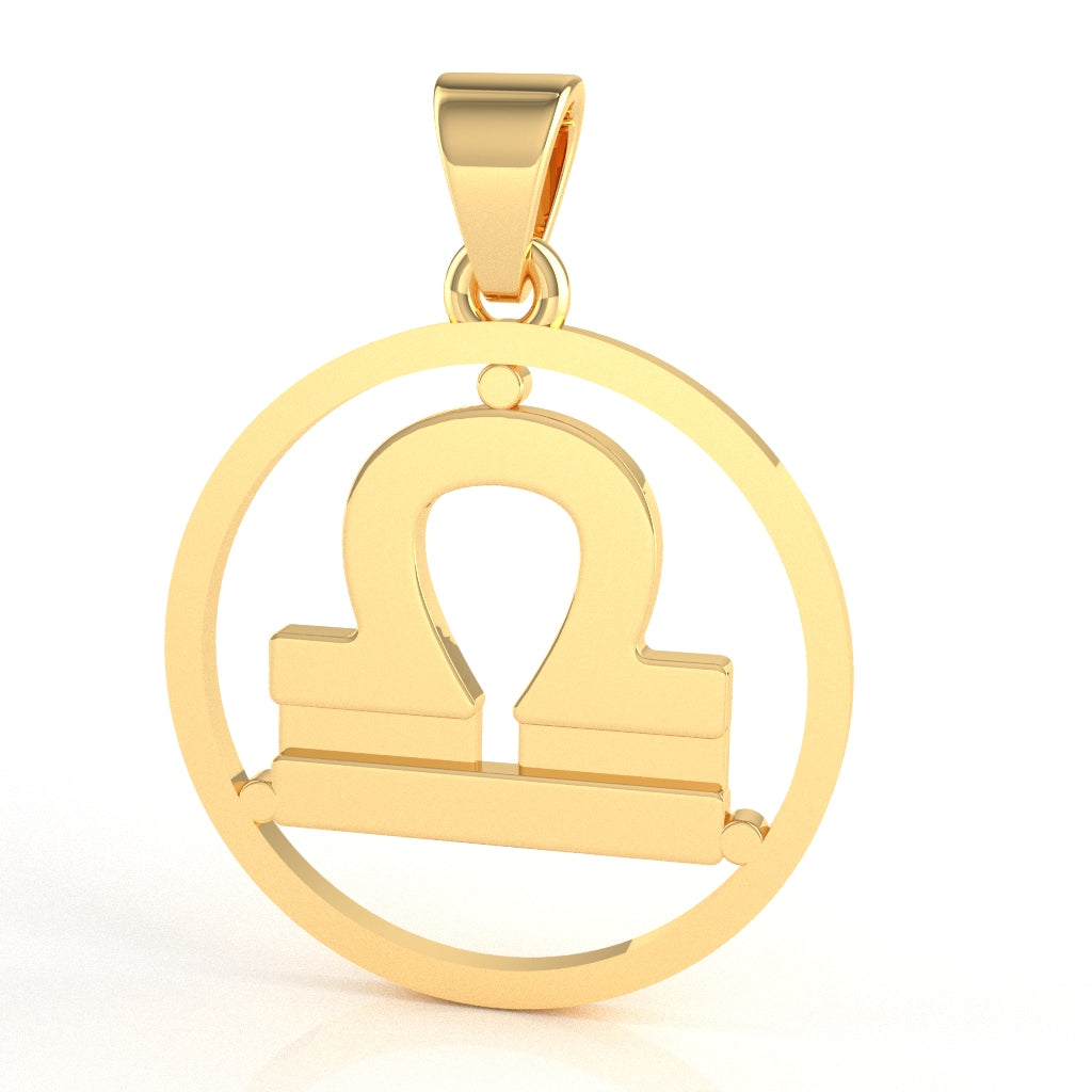Libra Zodiac Sign Round Bezel Pendant In Solid 14K Yellow Gold