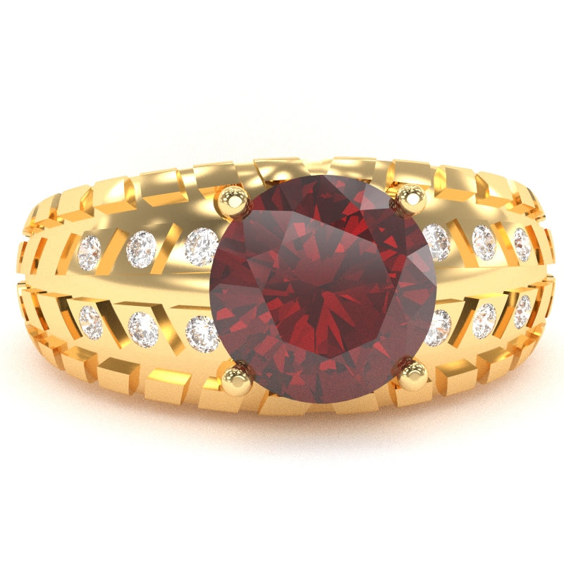 Men's Tire Tread Lab-Created Ruby Diamond Ring In Solid 14k Yellow Gold
