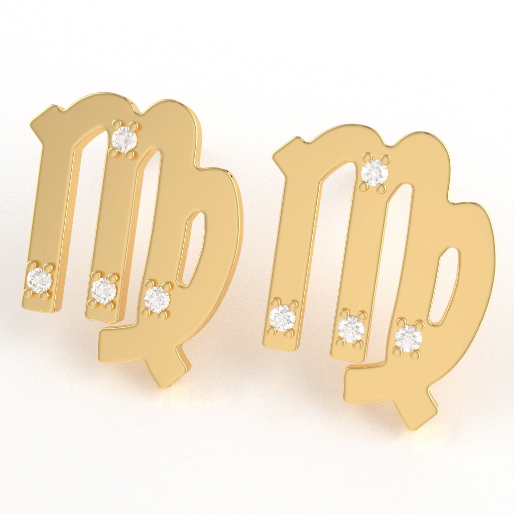 Virgo Zodiac Sign Diamond Stud Earrings In Solid 14k Yellow Gold