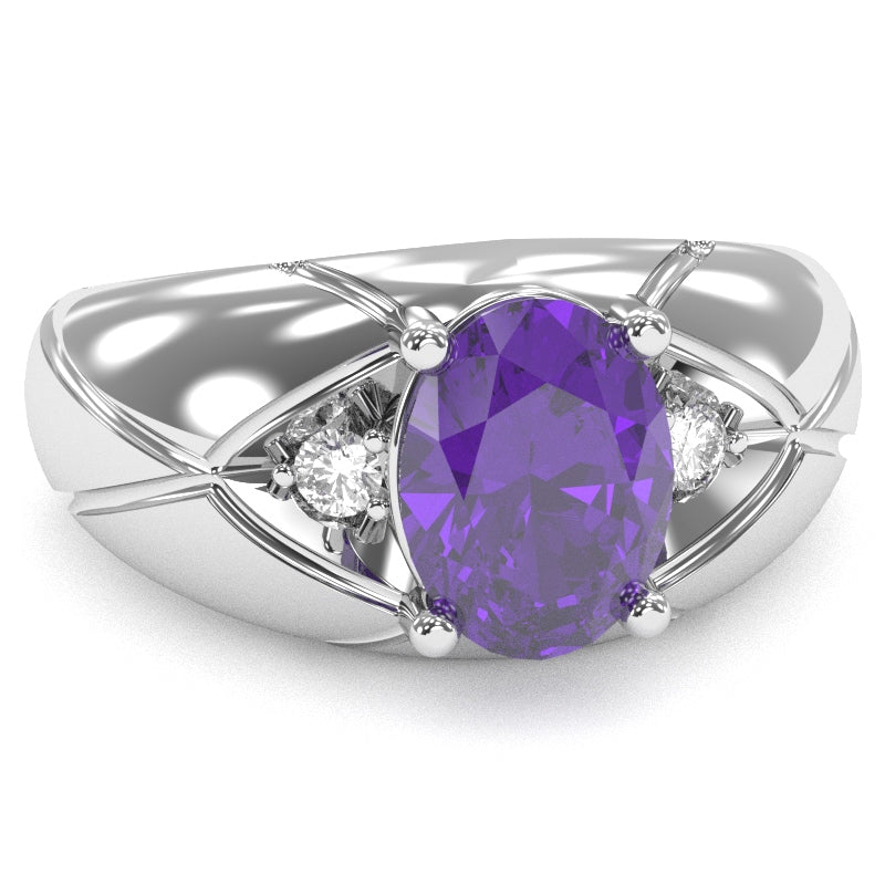 Men's Designer Amethyst Diamond Ring In Solid 14k White Gold