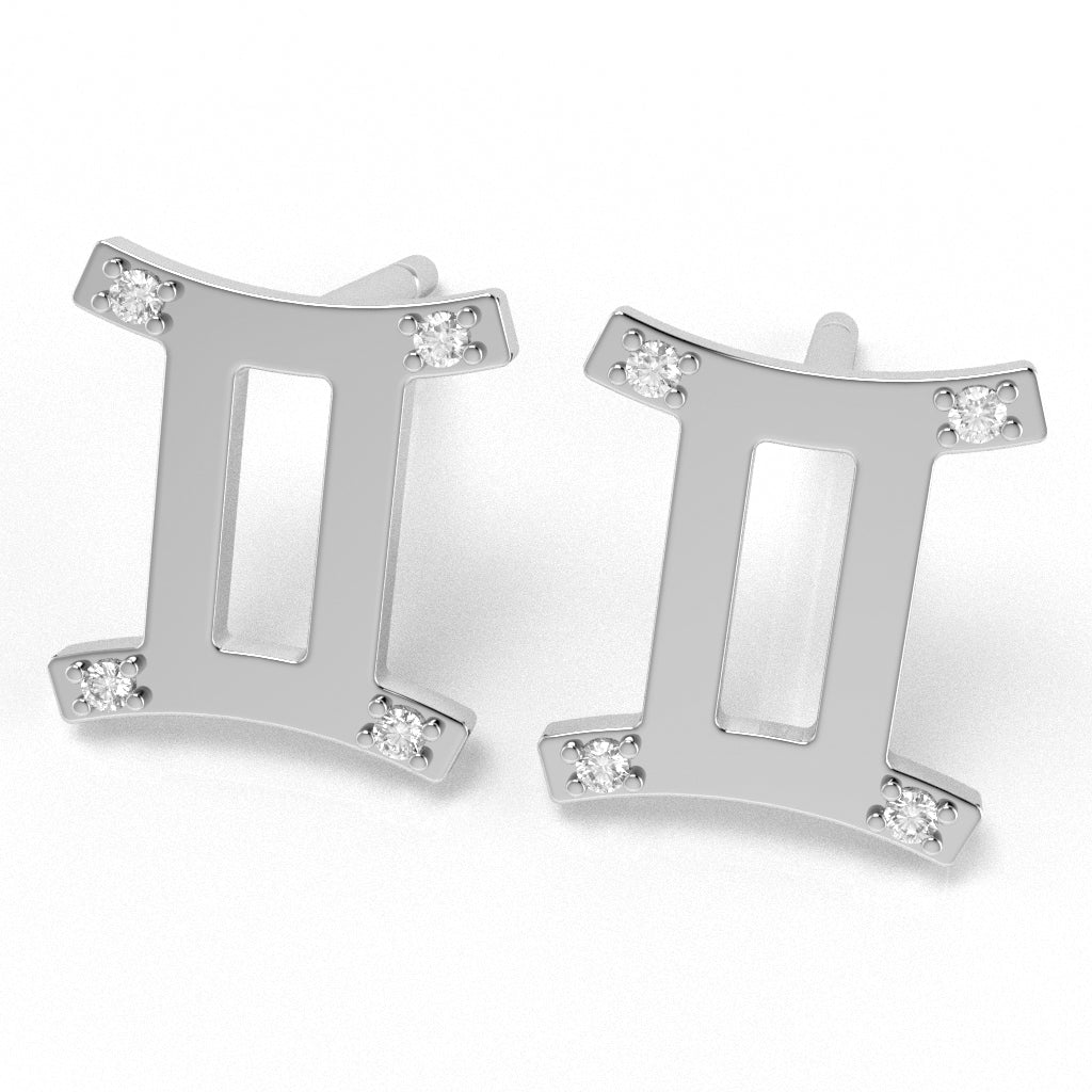 Gemini Zodiac Sign Diamond Stud Earrings In Solid 14k White Gold
