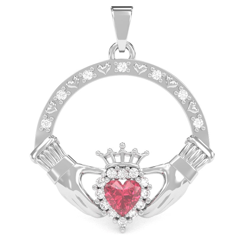 Lab-Created Pink Sapphire Diamond Claddagh Pendant in 14k White Gold