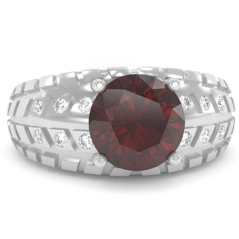 Men's Tire Tread Garnet Diamond Ring In Solid 14k White Gold