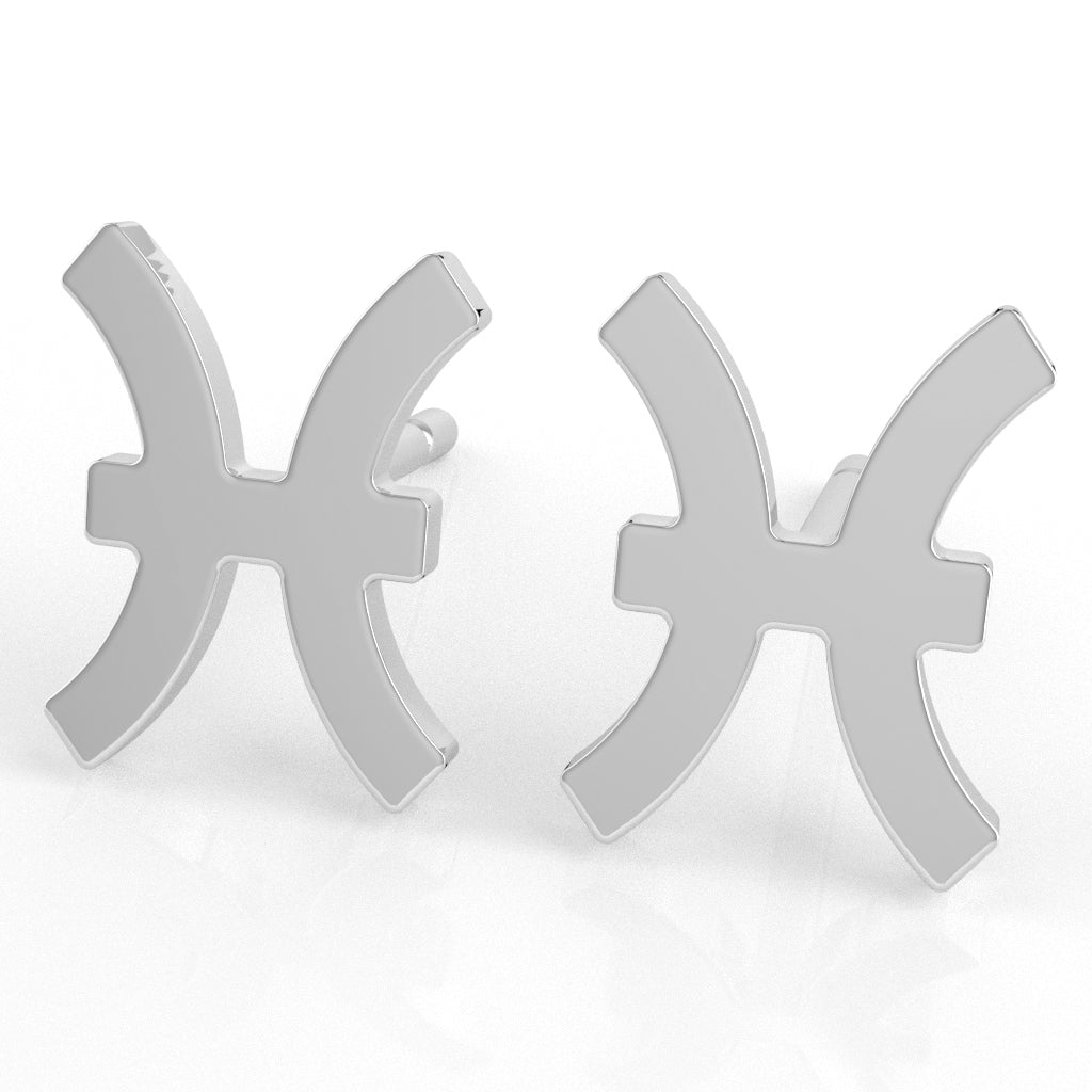 Pisces Zodiac Sign Stud Earrings In Solid 14K White Gold