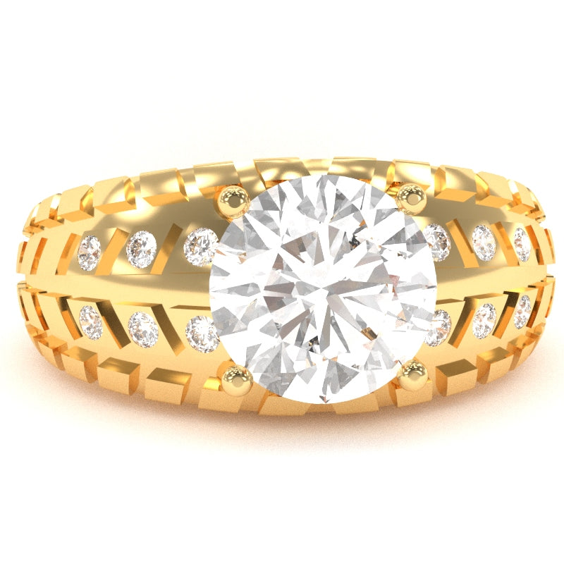 Men's Tire Tread White Topaz Diamond Ring In Solid 14k Yellow Gold